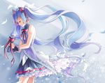  aqua_hair bow bowtie closed_eyes floating_hair hatsune_miku long_hair microphone minland4099 skirt solo thighhighs twintails very_long_hair vocaloid 