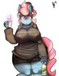  anthro anthrofied big_breasts breasts chubby clothed clothing cup drink ear_piercing equine erect_nipples female friendship_is_magic hair holding hoodie horse huge_breasts looking_at_viewer mammal mrs_cake_(mlp) my_little_pony nipples piercing pink_hair plain_background pony shorts soda solo somescrub sweater two_tone_hair voluptuous white_background wide_hips 