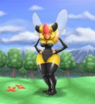  anthro anthrofied arthropod bee breasts cleavage clothed clothing cloud corset female flower grass hands_on_hips hi_res insect lingerie looking_at_viewer mountain nintendo no_mouth ole outside pok&#233;mon pok&#233;morph pok&eacute;mon pond red_eyes red_sclera small_waist solo stare tree vespiquen video_games voluptuous wings 