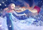 bare_shoulders blue_dress blue_eyes braid cape cloud dress elsa_(frozen) evening floating_hair forest frozen_(disney) glitter long_hair looking_back mountain nature parted_lips silversirius single_braid snow snowflakes solo tree white_hair wind 