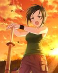  artist_request black_eyes black_hair evening hair_ornament hairclip hands_on_hilt idolmaster idolmaster_cinderella_girls master_trainer official_art open_mouth ponytail shinai short_hair solo sword trainer_(idolmaster) twilight weapon wristband 