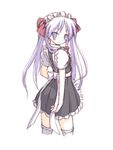  blue_eyes blush bow frills from_behind garters hair_bow hiiragi_kagami long_hair looking_at_viewer looking_back lucky_star maid maid_headdress mel_(melty_pot) purple_hair simple_background sketch smile solo thighhighs tsurime twintails white_background white_legwear zettai_ryouiki 