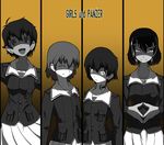  breasts closed_eyes column_lineup copyright_name crazy_eyes flat_chest girls_und_panzer horror_(theme) hoshino_(girls_und_panzer) jacket kaya_(nari1-24) long_sleeves looking_at_viewer military military_uniform miniskirt monochrome multiple_girls nakajima_(girls_und_panzer) ooarai_military_uniform open_mouth pleated_skirt shaded_face short_hair skirt smile standing suzuki_(girls_und_panzer) throat_microphone tsuchiya_(girls_und_panzer) uniform 