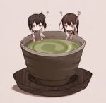  @_@ akagi_(kantai_collection) brown_eyes brown_hair cup dazed drooling green_tea hachikuji kaga_(kantai_collection) kantai_collection long_hair minigirl multiple_girls side_ponytail stirring tea yunomi 