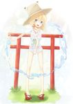  bad_anatomy blonde_hair blue_eyes bottomless hair_ribbon hat highres long_legs moriya_suwako no_pants ribbon shirt short_hair solo torii touhou transparent water yushika 