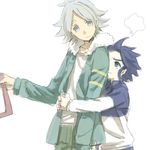  annoyed bad_id bad_pixiv_id blue_hair fubuki_shirou fur_trim height_difference hood hug hug_from_behind iko_(i-my-16) inazuma_eleven_(series) inazuma_eleven_go looking_at_another male_focus multiple_boys silver_hair yukimura_hyouga 