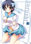  ameya_kirika bad_feet blue_hair blush bow breast_hold breasts brown_eyes cover cover_page doujin_cover hair_bow highres nisekoi school_uniform short_hair socks solo tsugumi_seishirou white_legwear 