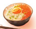  chopsticks commentary egg food ikura_(food) imizu_(nitro_unknown) no_humans original rice roe simple_background spring_onion still_life white_background 