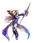  boots bravely_default:_flying_fairy bravely_default_(series) bravely_second:_end_layer cleavage_cutout dress flower gloves hair_flower hair_ornament highres long_hair magnolia_arch naginata polearm red_eyes shouma_(bravespiritya) solo thigh_boots thighhighs weapon white_hair 