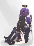  black_dress blue_hair boots checkered checkered_neckwear dress dress_shirt eyepatch eyepatch_removed hair_intakes hair_over_eyes kantai_collection mechanical_halo multiple_girls myama necktie purple_hair shirt short_hair skirt tatsuta_(kantai_collection) tenryuu_(kantai_collection) yuri 