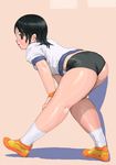  1girl ass bent_over black_eyes black_hair breasts buruma d2s1 gym_uniform looking_back oekaki original short_hair solo wet 