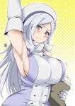  aila_jyrkiainen aoi_manabu armpits blue_eyes breasts elbow_gloves gloves gundam gundam_build_fighters hat large_breasts long_hair looking_at_viewer raised_eyebrow silver_hair solo 