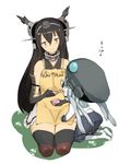  apron black_gloves black_hair black_legwear blush chibi elbow_gloves feeding fingerless_gloves gloves grey_hair headgear kantai_collection long_hair motherly multiple_girls mushi_gyouza nagato_(kantai_collection) pale_skin puka_puka red_eyes seiza shinkaisei-kan sitting smile thighhighs translated wo-class_aircraft_carrier 