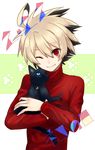  ahoge animal bad_id bad_pixiv_id banned_artist black_cat black_hair blonde_hair cat cat_focus holding holding_animal hyde_(under_night_in-birth) male_focus multicolored_hair one_eye_closed red_eyes smile sweater turtleneck two-tone_hair under_night_in-birth yusano 