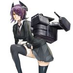  bad_id bad_pixiv_id black_legwear breasts eyepatch fingerless_gloves gloves hidezi kantai_collection large_breasts purple_hair short_hair simple_background skirt smile solo tenryuu_(kantai_collection) thighhighs white_background yellow_eyes 