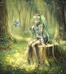  anbe_yoshirou bird boots bunny closed_eyes detached_sleeves flower green_hair hair_flower hair_ornament hair_ribbon hatsune_miku highres long_hair nature neckerchief parted_lips ribbon shirt sitting sitting_on_tree_stump sketch skirt solo squirrel thigh_boots thighhighs tree tree_stump twintails very_long_hair vocaloid 