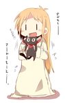  blonde_hair carrying cat highres labcoat long_hair mikomikko nichijou professor_shinonome sakamoto_(nichijou) scarf smile solo translated 