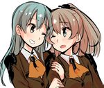  aqua_eyes aqua_hair arm_grab ascot brown_eyes brown_hair grin kantai_collection kumano_(kantai_collection) long_hair multiple_girls myama one_eye_closed open_mouth ponytail smile suzuya_(kantai_collection) upper_body 