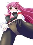  armband brown_eyes from_below futaki_kanata hand_in_pantyhose little_busters! long_hair luckluck no_pants panties panties_under_pantyhose pantyhose purple_hair school_uniform side_ponytail underwear 