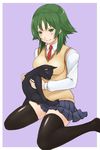  atsuko black_cat cat green_eyes green_hair minami-ke mo-fu school_uniform short_hair sitting smile solo thighhighs wariza 