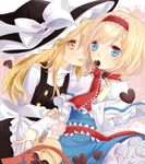 :p alice_margatroid apron arm_grab blonde_hair blue_dress blue_eyes blurry blush capelet chocolate chocolate_heart depth_of_field dress hairband hand_on_another's_shoulder hat hat_ribbon heart kirisame_marisa long_sleeves mouth_hold multiple_girls necktie ribbon short_hair tongue tongue_out touhou tsuno_no_hito waist_apron witch_hat yellow_eyes yuri 