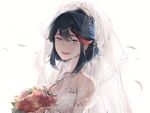  bare_shoulders black_hair blue_eyes bouquet breasts bridal_veil bride cleavage crying dress feathers flower galanyu highlights jewelry kill_la_kill looking_at_viewer matoi_ryuuko medium_breasts multicolored_hair pendant red_flower red_hair red_rose rose short_hair solo strapless strapless_dress tears two-tone_hair veil wedding_dress white_dress 