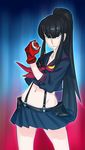  absurdres alternate_hairstyle aura black_hair blue_eyes eyebrows gloves hayami_yuujirou highres kill_la_kill kiryuuin_satsuki long_hair midriff miniskirt navel parody ponytail pose red_gloves senketsu sidelocks single_glove skirt solo sukeban_deka suspenders textless thick_eyebrows tsurime yo-yo 