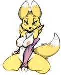  avante92 breasts collar crouching digimon female looking_at_viewer nude renamon solo 