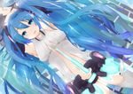  aqua_eyes armpits arms_up blue_hair bridal_gauntlets center_opening hatsune_miku hatsune_miku_(append) long_hair microphone navel rai_(sakuranbo_sugar) solo thighhighs twintails very_long_hair vocaloid vocaloid_append 