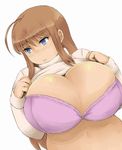 ahoge bad_id bad_pixiv_id blue_eyes borrowed_character bra breasts brown_hair cleavage clothes_lift highres huge_breasts long_hair ooba_minori original parted_lips pink_bra simple_background solo soranona_(soranosuke) sweat sweater sweater_lift turtleneck underwear white_background 