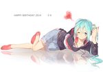  39 2014 absurdres aqua_eyes aqua_hair bad_id bad_pixiv_id belt dated happy_birthday hatsune_miku headphones headphones_around_neck highres long_hair lying on_side one_eye_closed reflection ryuutsuki_basetsu shorts socks solo vocaloid 