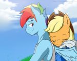  applejack_(mlp) blonde_hair chicasonic clothing couple cowboy_hat crossgender duo equine eyes_closed female friendship_is_magic grass hair hat hoodie horse hug male mammal multi-colored_hair my_little_pony outside pony purple_eyes rainbow_dash_(mlp) rainbow_hair sky 