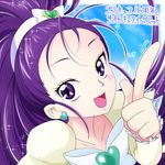  arm_warmers blue_background bow character_name cure_egret earrings futari_wa_precure_splash_star index_finger_raised jewelry long_hair magical_girl mishou_mai ponytail precure purple_eyes purple_hair ribbon smile solo yoshimune 