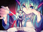  ^_^ angry bad_id bad_pixiv_id blue_eyes closed_eyes detached_sleeves dual_persona green_hair hatsune_miku long_hair minigirl multiple_girls necktie oniyama831 open_mouth sitting skirt spoon thighhighs twintails vocaloid 