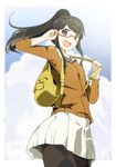  adjusting_eyewear argyle argyle_legwear backpack bag black_hair brown_eyes cloud day genshiken glasses highres long_hair open_mouth pantyhose ponytail semi-rimless_eyewear skirt sky solo trefle_r under-rim_eyewear yoshitake_rika 