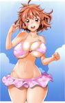  :d absurdres ahoge amatarou bikini bouncing_breasts breasts brown_eyes brown_hair cleavage curvy highres large_breasts navel open_mouth original pink_bikini scan short_hair smile solo swimsuit thigh_gap thighs 