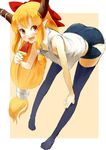  bent_over black_legwear bow brown_eyes downblouse fang flat_chest food fruit hair_bow hand_on_own_knee horns ibuki_suika long_hair looking_at_viewer nipples nishiuri orange_hair pointy_ears side_slit simple_background solo tank_top thighhighs touhou very_long_hair watermelon 