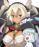  :d blonde_hair blush_stickers breasts chibi covered_nipples dark_skin glasses grey_hair headgear kantai_collection large_breasts multiple_girls musashi_(kantai_collection) mushi_gyouza open_mouth pale_skin pointy_hair red_eyes sarashi shinkaisei-kan short_hair smile translated tsurime two_side_up wo-class_aircraft_carrier 