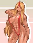  abs adjusting_hair areola_slip areolae blonde_hair breasts cleavage contrapposto cowboy_shot dark_skin gradient gradient_background groin hand_in_hair highres horn hoshiguma_yuugi huge_breasts jewelry light_smile long_hair looking_afar muscle muscular_female nameo_(judgemasterkou) necklace red_eyes red_swimsuit shadow sketch slingshot_swimsuit smile solo standing star swimsuit tan thick_thighs thighs tough touhou very_long_hair 