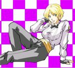  arm_support bad_id bad_pixiv_id bangs black_pants blonde_hair blue_eyes bow bowtie checkered checkered_background earrings fingerless_gloves formal gloves jewelry king_(snk) long_sleeves mitake830 pant_suit pants parted_bangs parted_lips ryuuko_no_ken short_hair sitting solo suit the_king_of_fighters 