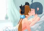  ahoge alisa_southerncross bad_id bad_pixiv_id bed bed_sheet blue_hair blush breasts closed_eyes hair_bobbles hair_ornament keroro_gunsou kiss misoshiro_(shijimi) multiple_girls nipples nishizawa_momoka nude orange_hair small_breasts twintails yuri 