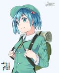  backpack bag blue_eyes blue_hair blush dress hair_bobbles hair_ornament hat highres kawashiro_nitori key long_sleeves looking_at_viewer mumyuu pocket shirt short_hair short_twintails simple_background smile solo touhou twintails white_background 