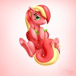  female feral gradient_background green_eyes hair horse looking_at_viewer mammal multi-colored_hair my_little_pony original_character pony rayhiros shaded signature sitting smile solo spread_legs spreading strawberry strawberry_kiss 