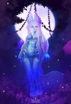  cool_colors female firefly forest grass hair icebanshee long_hair moon night solo translucent tree vines 