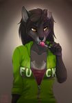  amber_eyes anthro candy canine clothing female hoodie licking lollipop mammal notched_ear solo tongue wolf wyla wyla_(character) 