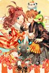  1girl 2014 ;d bad_id bad_pixiv_id blitzle blue_eyes bow brown_eyes brown_hair calligraphy_brush darumaka egasumi fan flower gen_5_pokemon hair_bow hair_flower hair_ornament high_ponytail holding_hands japanese_clothes kimono long_hair looking_at_viewer naru_(andante) new_year one_eye_closed open_mouth oshawott paintbrush pokemon pokemon_(creature) pokemon_(game) pokemon_bw smile snivy tepig touko_(pokemon) touya_(pokemon) 