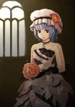  alternate_costume amibazh bat_wings blue_hair bouquet dress elbow_gloves flower frilled_dress frills gloves hat highres jewelry looking_at_viewer mob_cap necklace red_eyes remilia_scarlet short_hair smile solo strapless strapless_dress touhou wedding_dress wings 