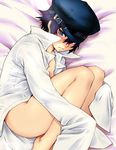  1girl atlus blue_eyes blue_hair blush cabbie_hat dark_persona fetal_position hat labcoat lying megami_tensei no_panties on_side open_clothes persona persona_4 shadow_(persona) shin_megami_tensei shirogane_naoto short_hair solo thighs 