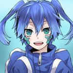  aqua_eyes bandage_on_face blue_eyes blue_hair ene_(kagerou_project) jacket kagerou_project looking_at_viewer open_mouth sleeves_past_wrists solo tomozero track_jacket twintails 
