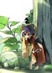  :&lt; barefoot bowl hat holding_needle japanese_clothes kannazuki_hato kimono minigirl needle obi plant purple_hair sash sewing_needle short_hair solo sukuna_shinmyoumaru touhou tree 